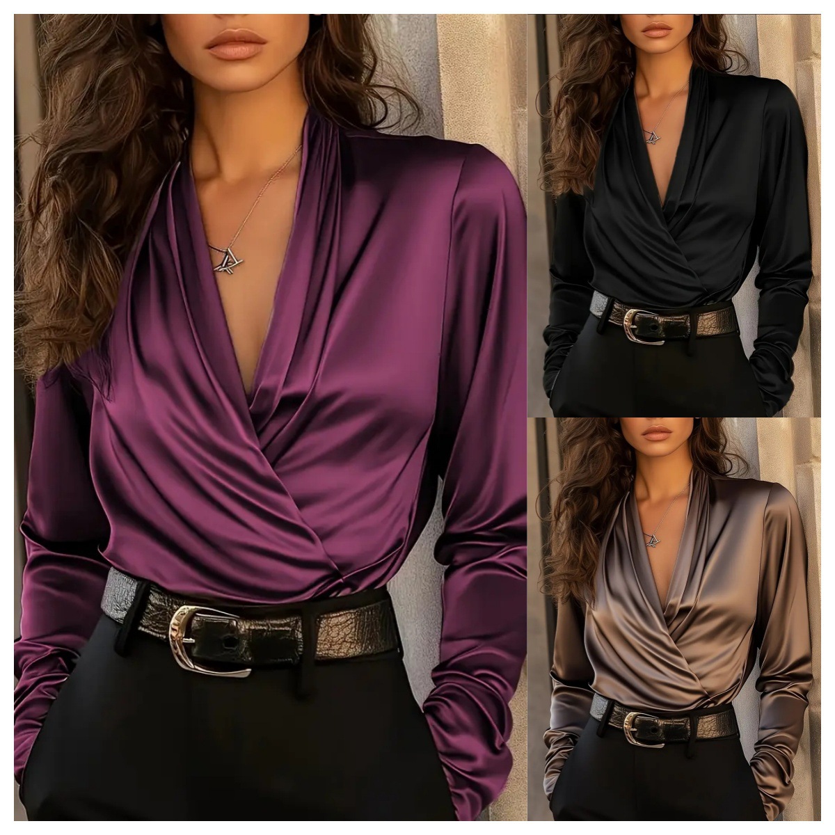 Women Formal Wear Business - Damska satynowa bluzka z dekoltem w