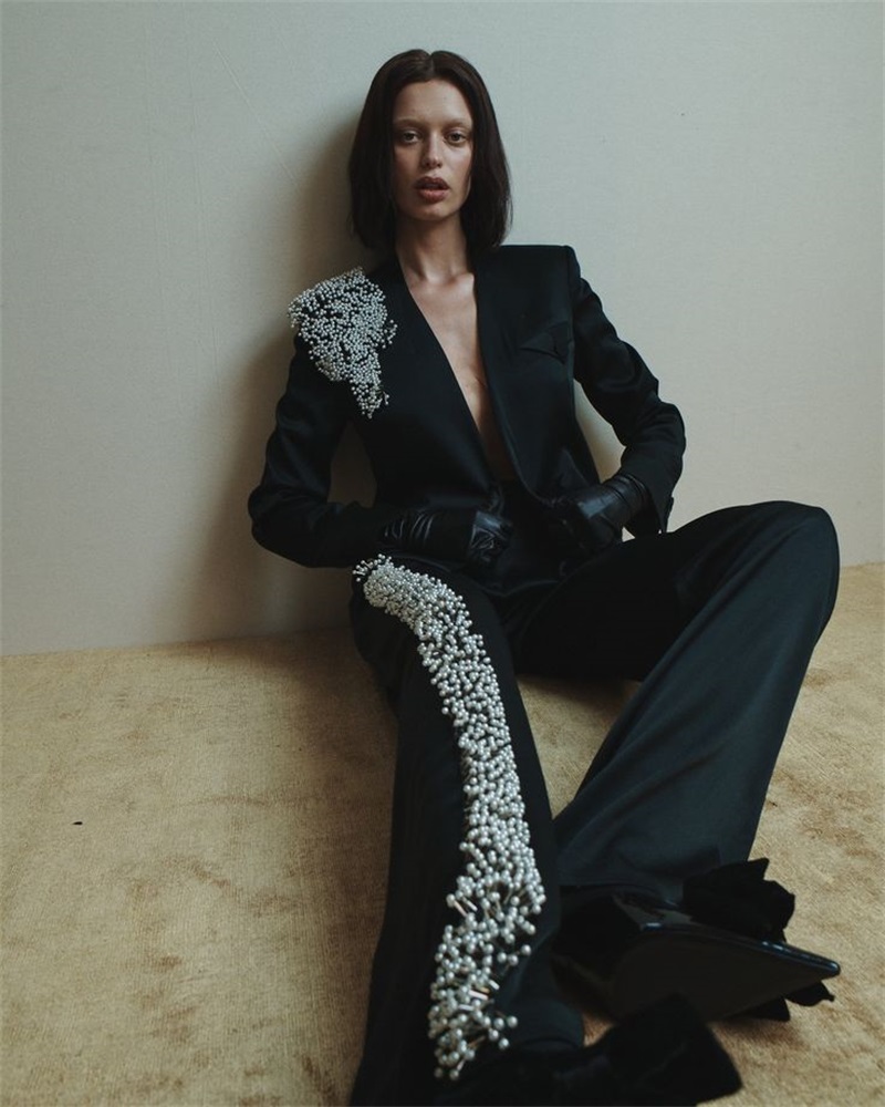Women Formal Wear Business - Czarne damskie garnitury biurowe zestaw perły