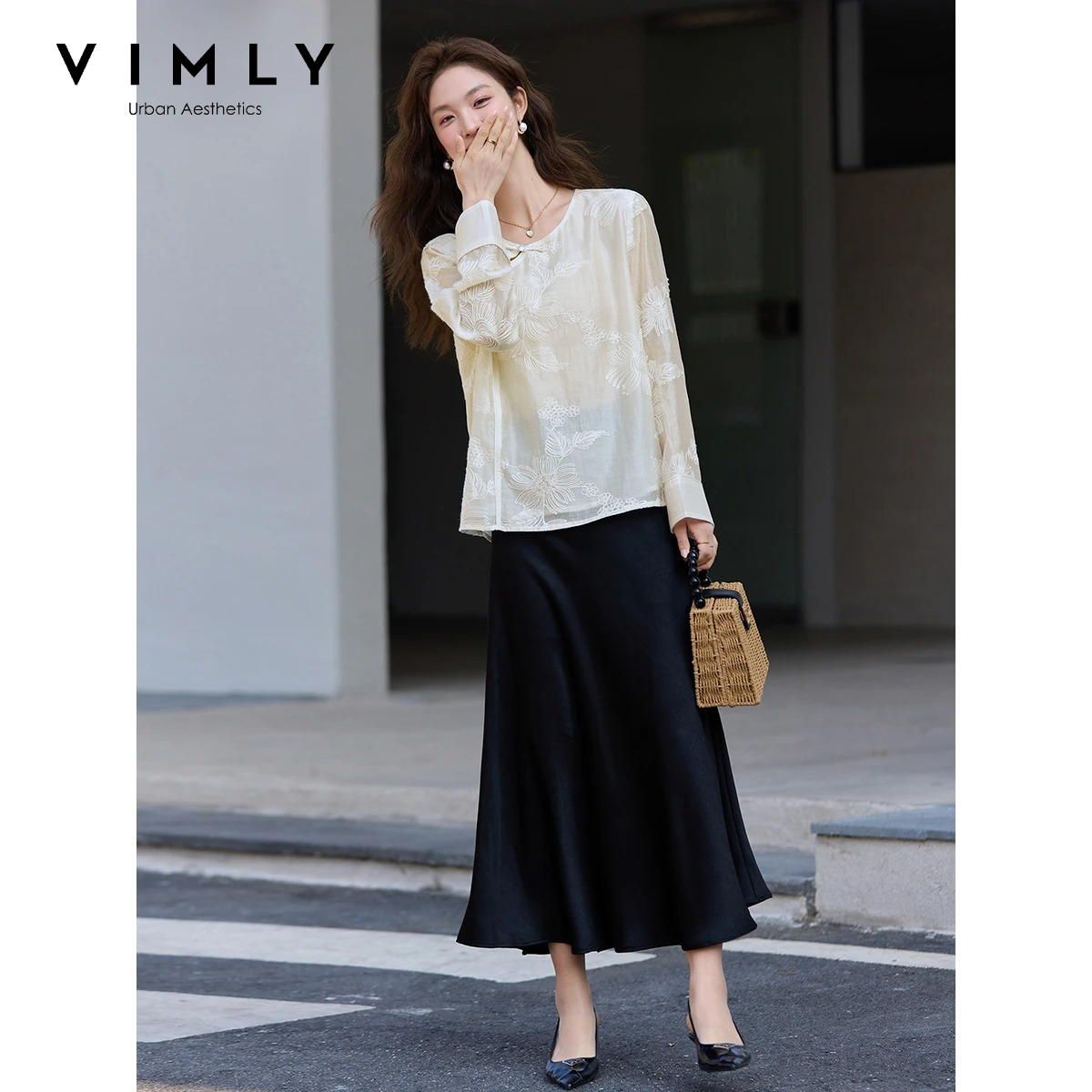 Women'S Formal Wear Blouse - VIMLY Apricot Nowa Chińska Haftowana Bluzka