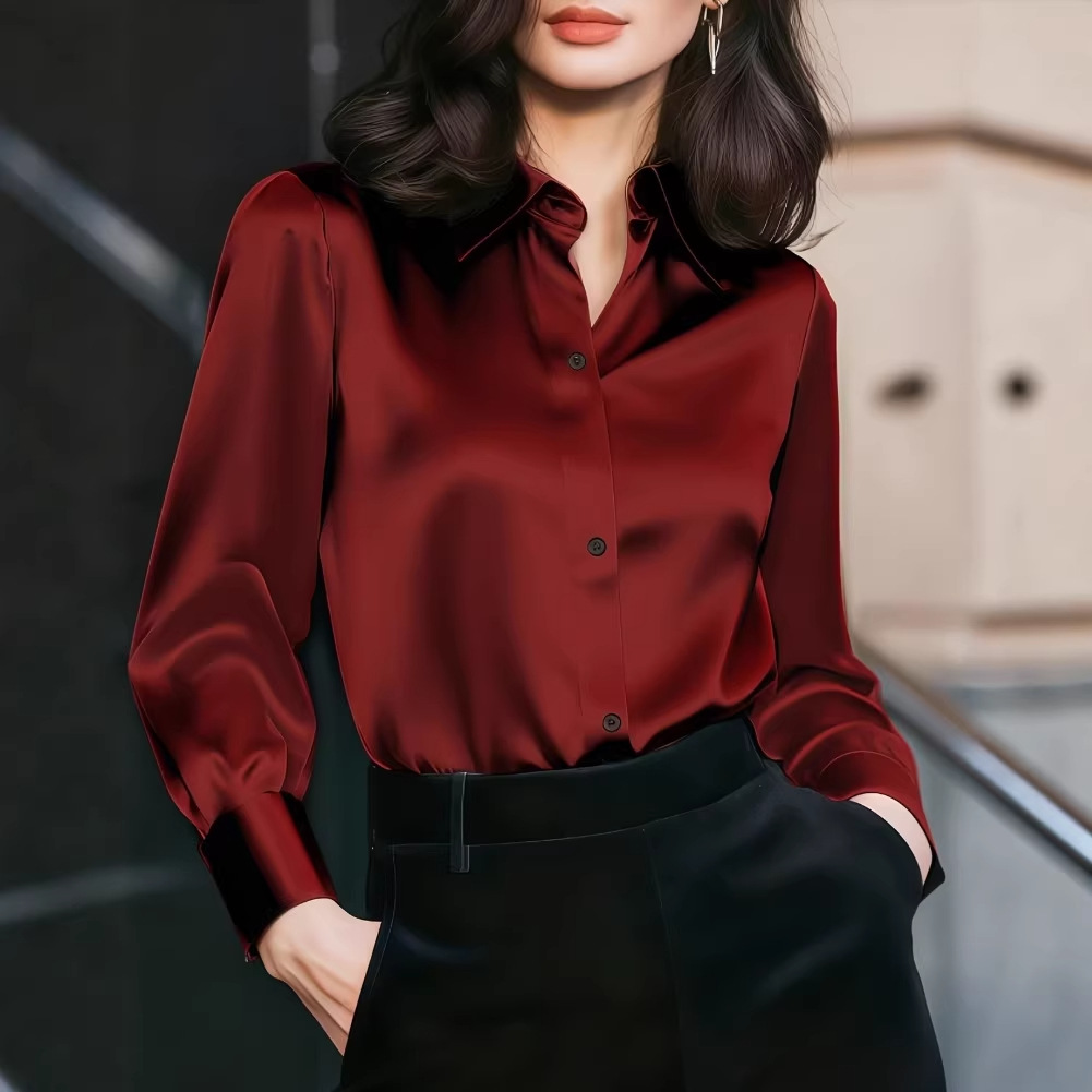 Women Formal Wear Business - Damska satynowa bluzka z kołnierzykiem z